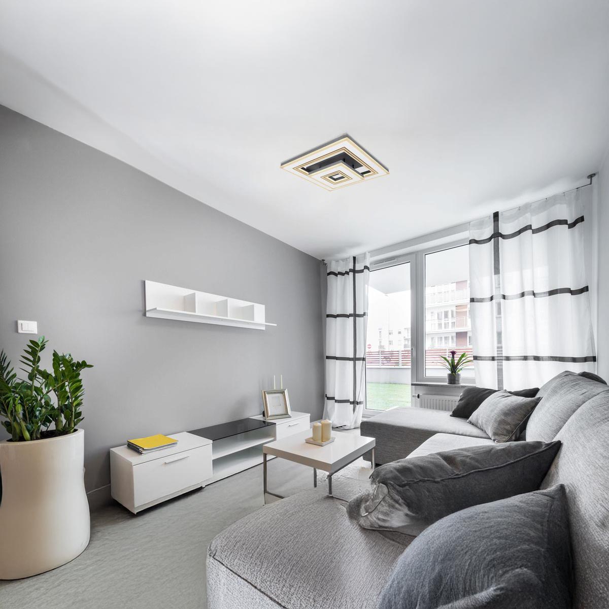 LED Deckenleuchte, Metall, Opal, Schwarz, Weiß, CCT, Dimmer, Fernbedienung, 50 cm x 50 cm