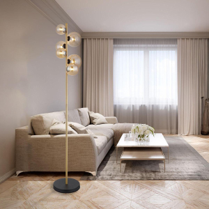 Stehleuchte, LED, Metall, Schwarz, Amber, Messing, Fußschalter, 155 cm Höhe