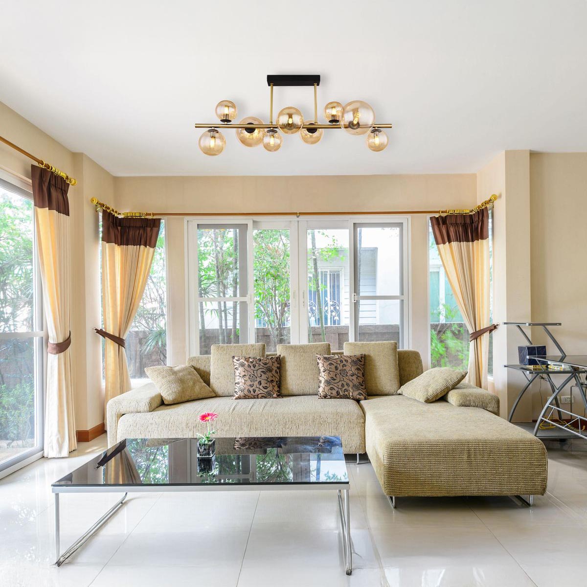 Deckenleuchte, LED, Metall, Glas, Amber, Messing, Schwarz, 87 cm x 30 cm