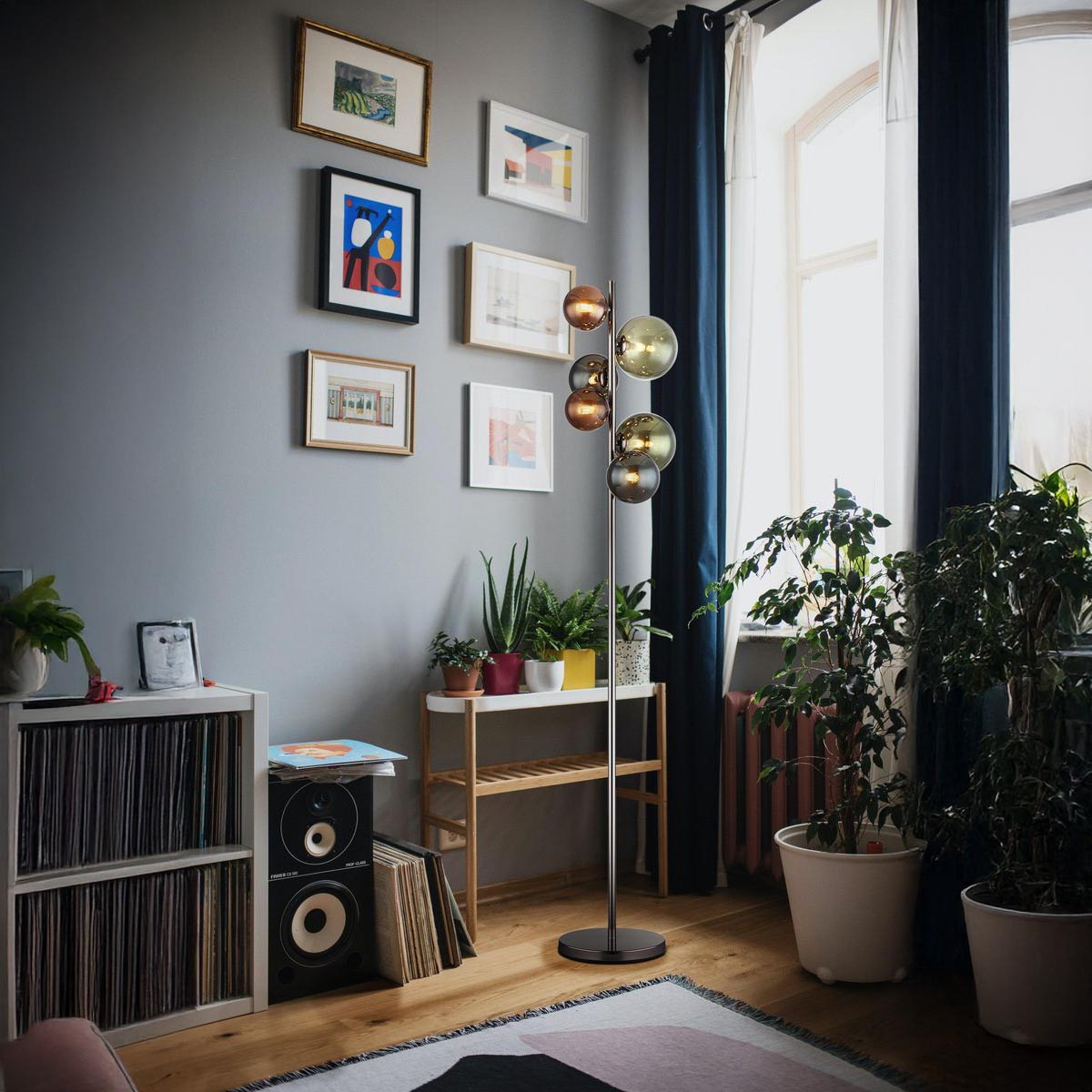 Stehleuchte, LED, Metall, Glas, Grau, Grün, Petrol, Bronze, 155 cm Höhe