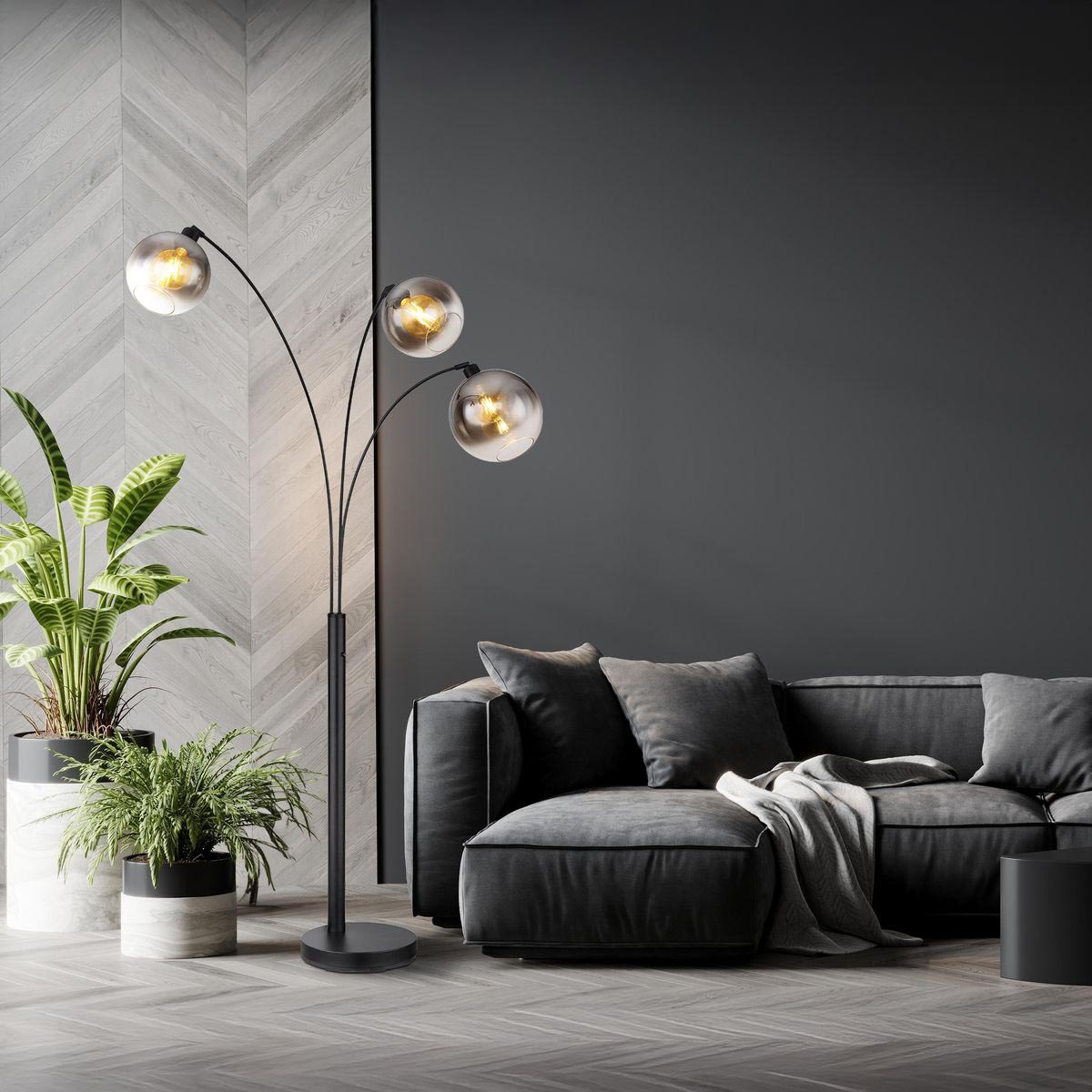 Stehleuchte, Metall, Glas, Schwarz, Rauchfarbe, 200 cm Höhe