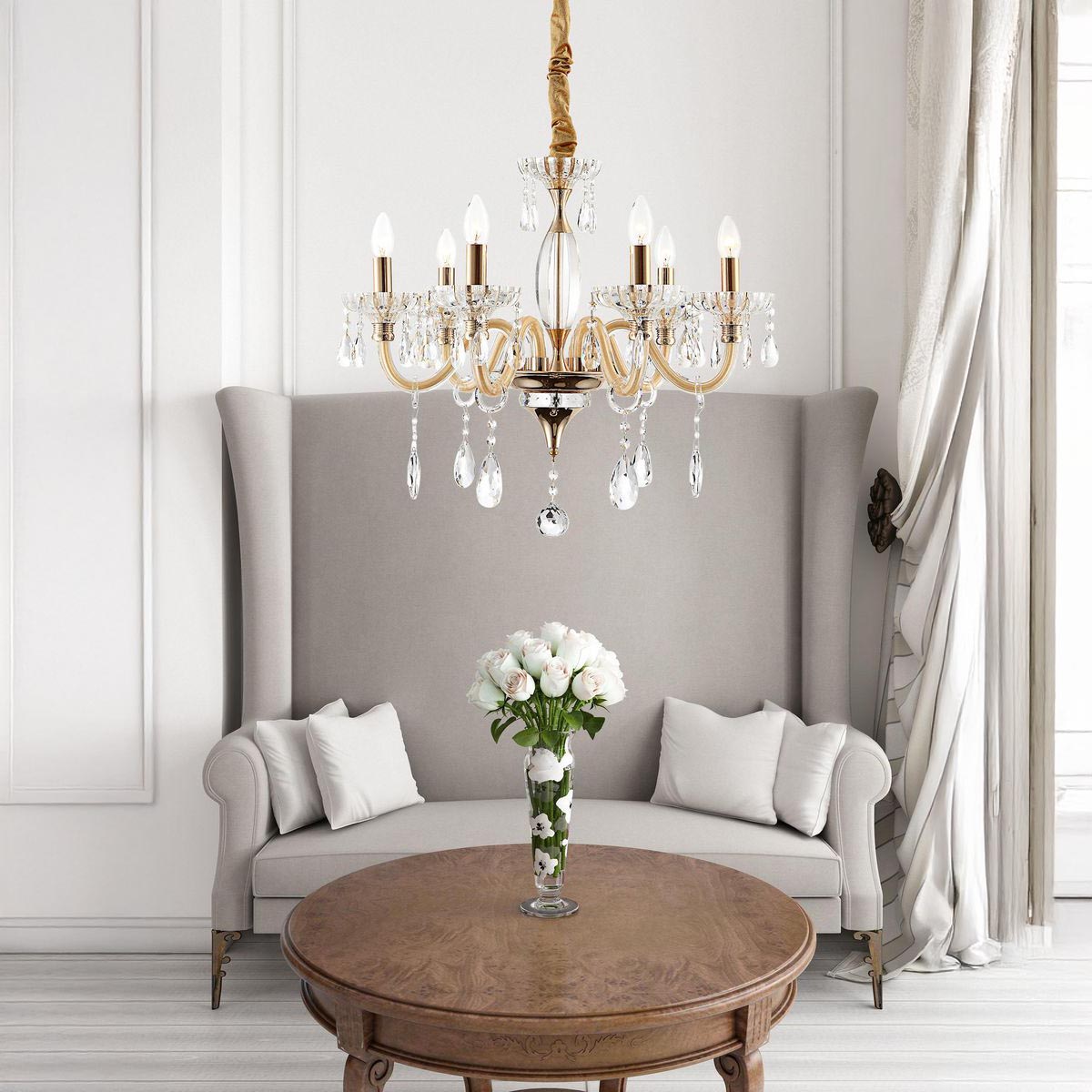 Kronleuchter, Gold, Rund, Metall, 6 Flammen, 57 cm Ø, Höhe 115 cm