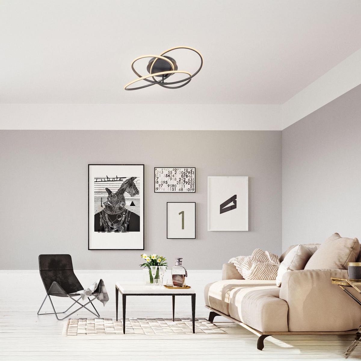 Plafonnier LED, métal, noir, design incurvé, 60 cm de diamètre