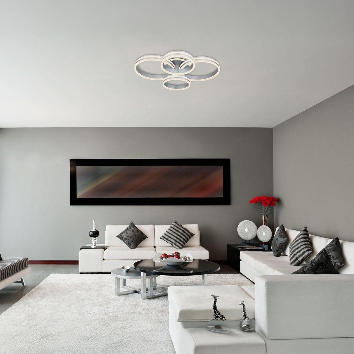 LED Deckenleuchte, Ringe, Metall, Acryl, Opal, Grau, CCT, Dimmer, Fernbedienung, 85 cm x 68 cm