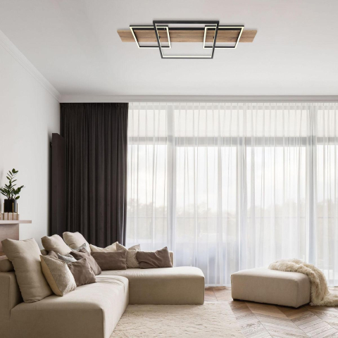 LED Deckenleuchte, Holzoptik, Switch Dimmer, 95 cm x 40 cm