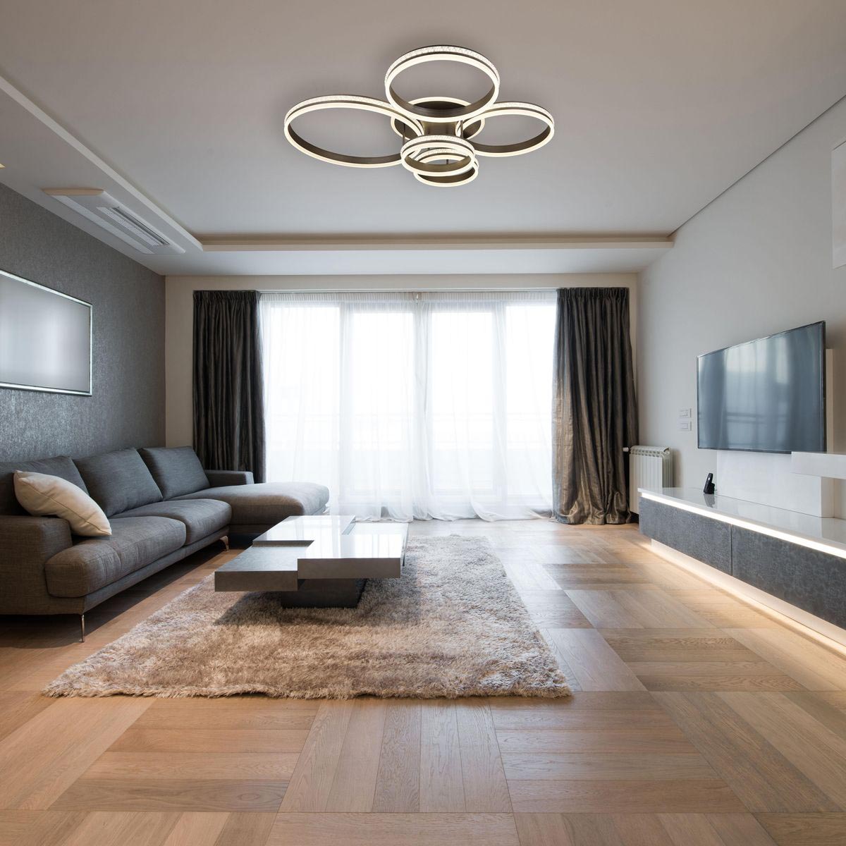 Plafonnier LED, métal, couleur titane, cristaux en plastique, CCT, variateur, 114 cm x 91 cm