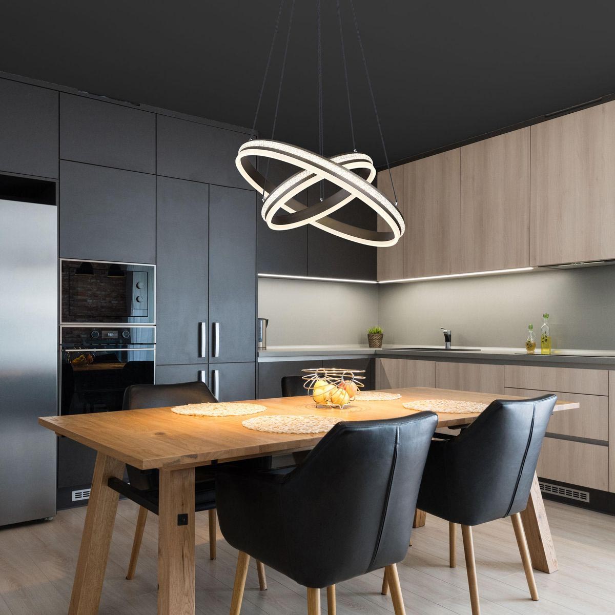 LED Pendelleuchte, Metall, Acryl, Titanfarbe, CCT, Dimmer, Fernbedienung, 60 cm Ø