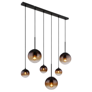 Pendelleuchte, Glas, Metall, Schwarz, Rauchfarbig, 6 Brennstellen, LED geeignet, Höhe 117 cm, IP20. Esszimmerbeleuchtung. Frei Haus