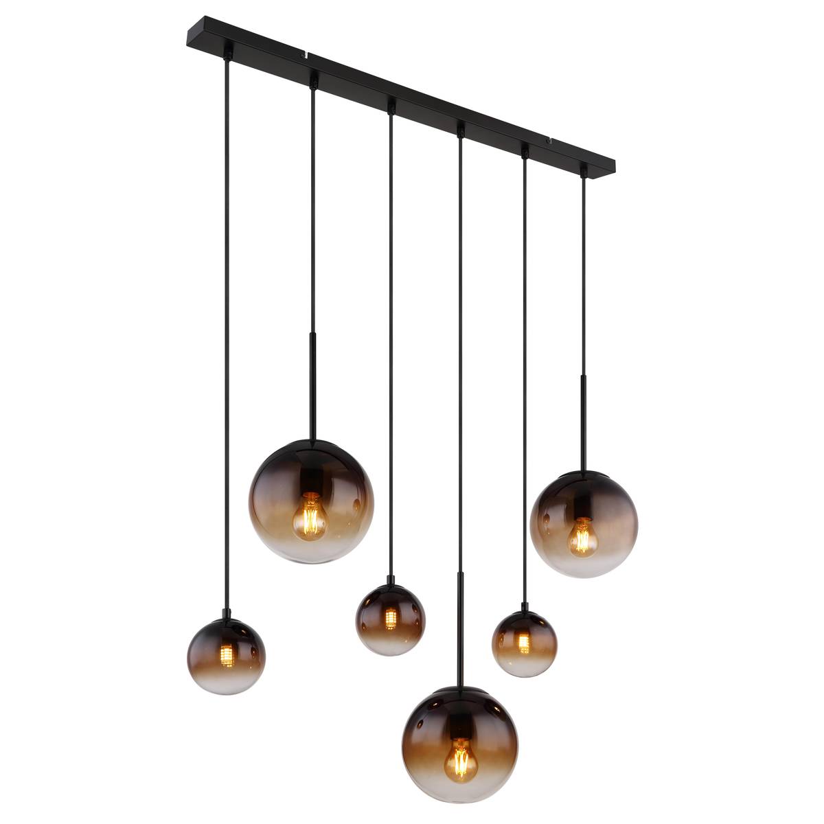 Pendelleuchte, Glas, Metall, Schwarz, Rauchfarbig, 6 Brennstellen, LED geeignet, Höhe 117 cm, IP20. Esszimmerbeleuchtung. Frei Haus