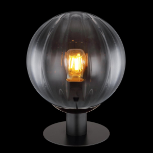 Lampe de table, verre, métal, couleur fumée, forme sphérique, interrupteur, noir, hauteur 30 cm