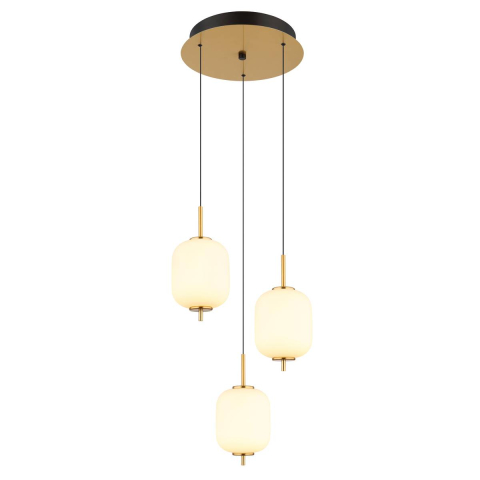 LED Pendelleuchte, Messing, 3 Schirme, Glas, Opal, 220 cm Höhe