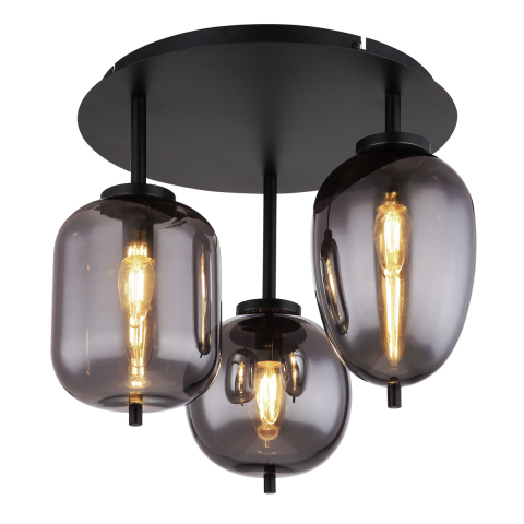 Deckenleuchte, 3 Strahler, Schwarz, Rauchfarbe, Glas, Metall, LED geeignet, E14, IP20, Versandkostenfrei