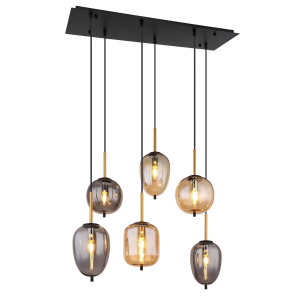 Suspension, métal, noir, verre fumé, 6 points lumineux, 80 cm x 34 cm