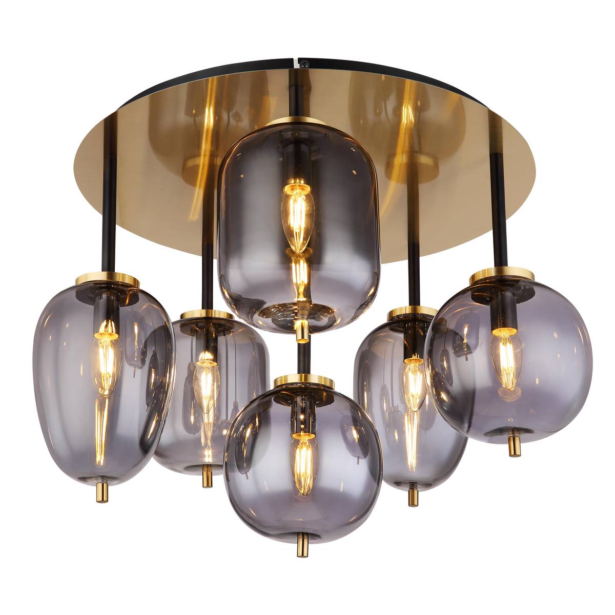 Deckenleuchte, Metall, Glas, Messing, Rauchfarbe, 6 Brennstellen, 63 cm Ø