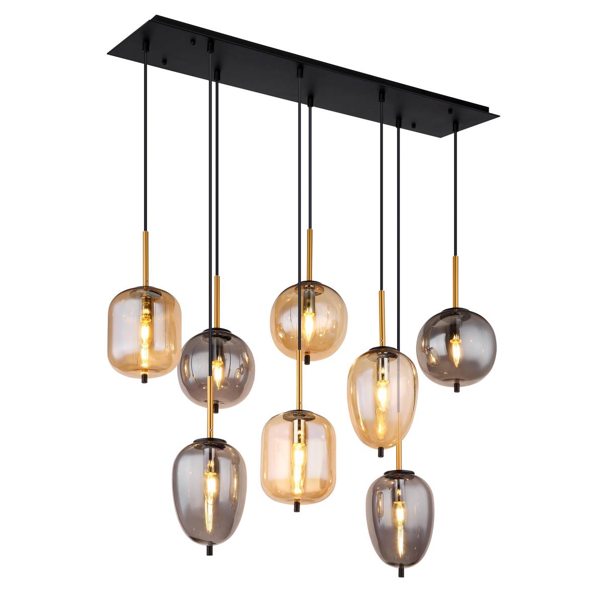 Pendelleuchte, Metall, Schwarz, Glas, Rauchfarbe, Amber, 8 Brennstellen, 103 cm x 34 cm