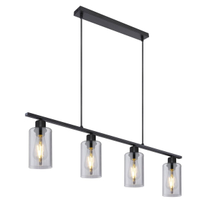Suspension, noir, métal, verre, couleur fumée, 4 spots, 98 cm x 10 cm