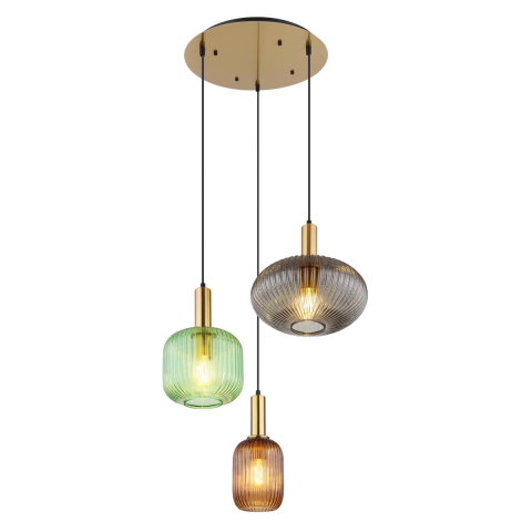 Pendelleuchte, Messing, Grün, Rauchfarbe, Amber, Rund, Zylindrisch, Metall, Glas, 3 Brennstellen, LED geeignet, E27, IP20, Versandkostenfrei
