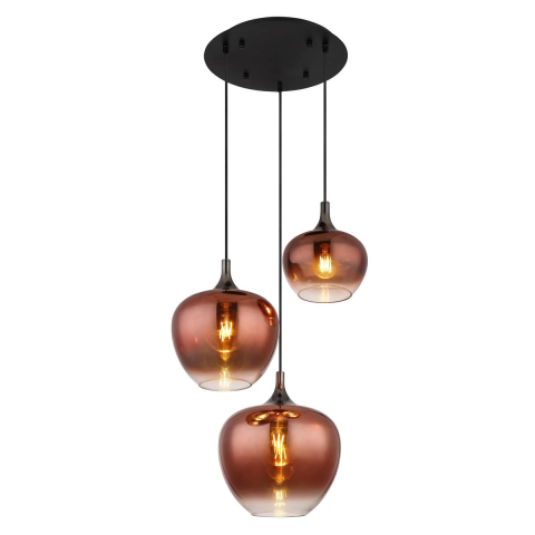 Pendelleuchte, Schwarz Kupfer, Metall Glas, Rund, Glockenförmig, 3 Brennstellen, LED geeignet, E27, Versandkostenfrei