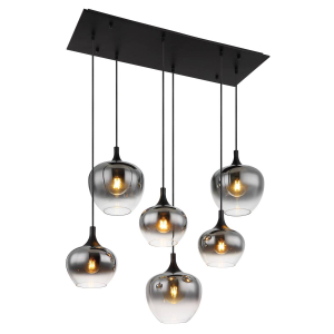 Pendelleuchte, Schwarz, Rauchfarbig, Glas, Metall, 6 Brennstellen, E27, LED geeignet, Esszimmerbeleuchtung, IP20, Lieferkostenfrei
