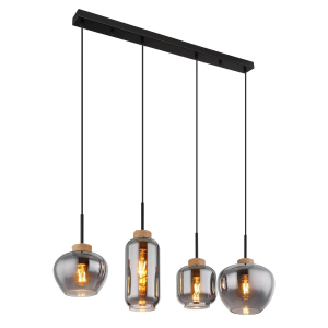 Pendelleuchte, Schwarz, Rauchfarbe, Braun, Natur, Hanf, Metall, Glas, Rund, 4 Brennstellen, LED geeignet, E27, Versandkostenfrei