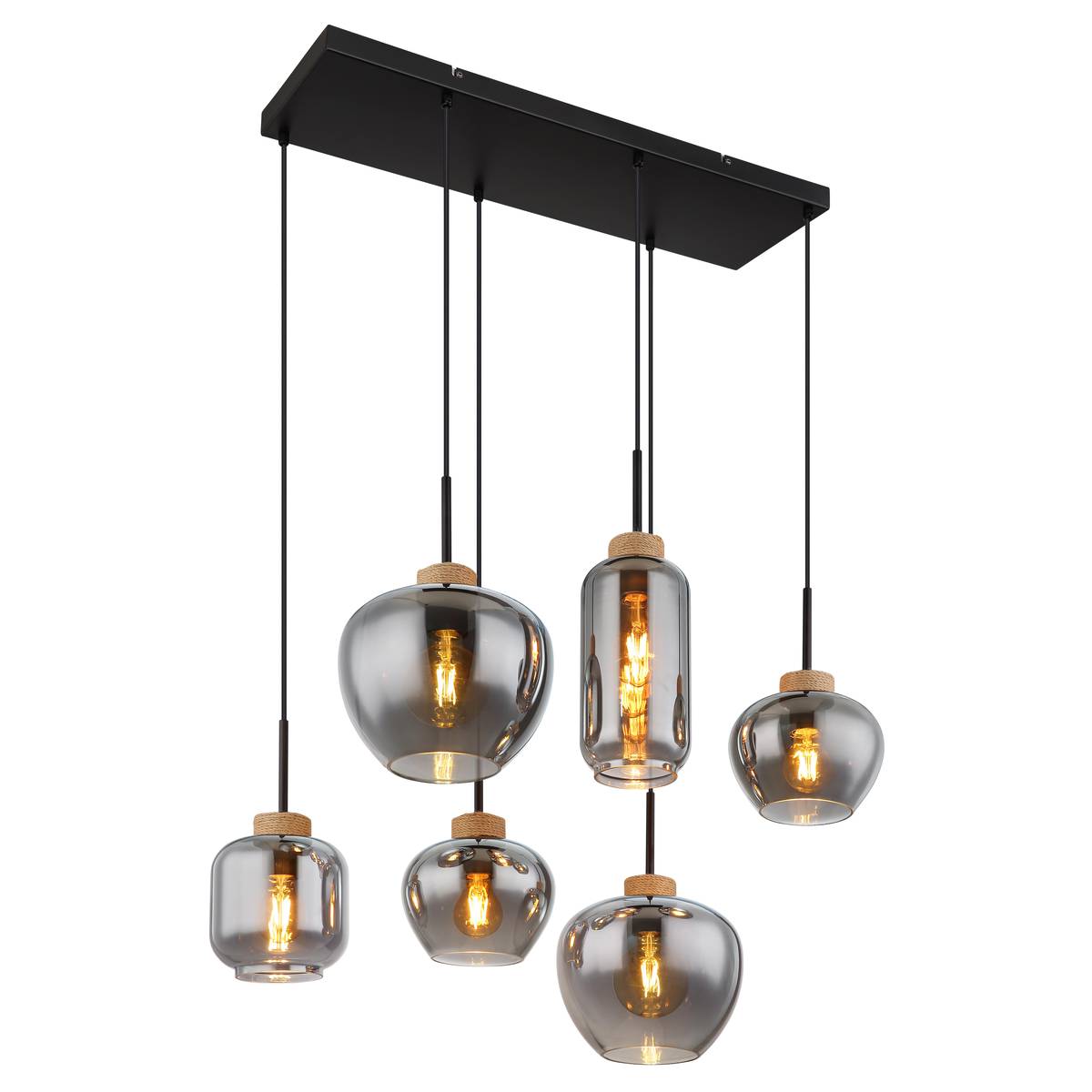 Pendelleuchte, Metall, Glas, Hanf, Schwarz, Rauchfarbe, 80 cm x 40 cm