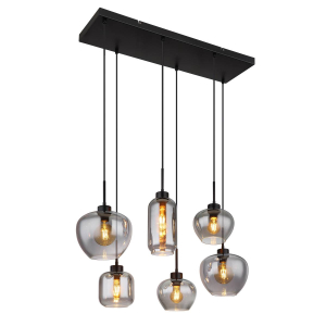 Pendelleuchte, Metall, Schwarz, Glas, Rauchfarbe, 6 Brennstellen, 87 cm x 43 cm