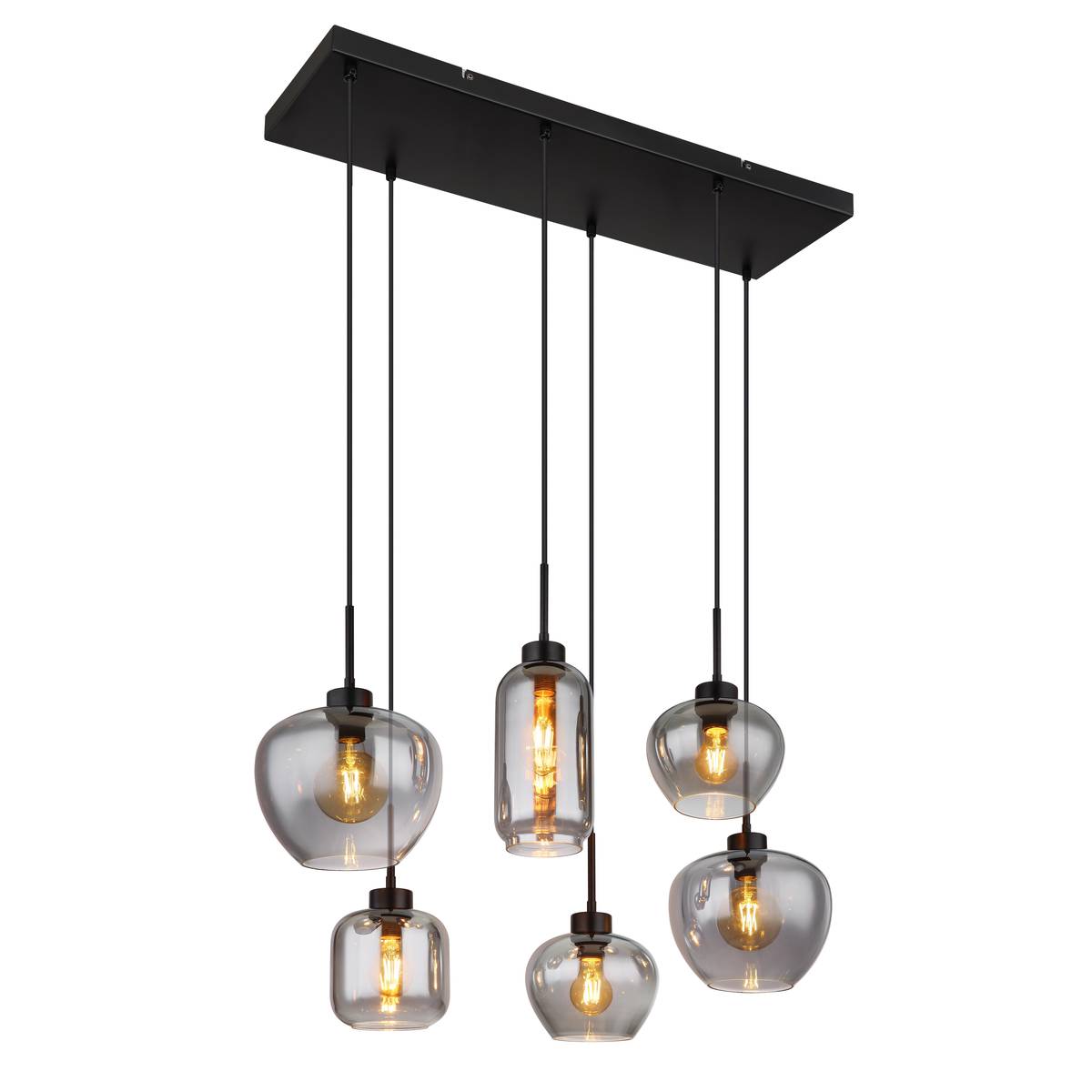 Pendelleuchte, Metall, Schwarz, Glas, Rauchfarbe, 6 Brennstellen, 87 cm x 43 cm