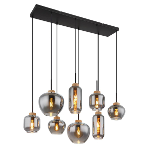 Pendelleuchte, Schwarz, Rauchfarbig, Natur, Glas, Metall, 8 Brennstellen, LED geeignet, E27, Versandkostenfrei