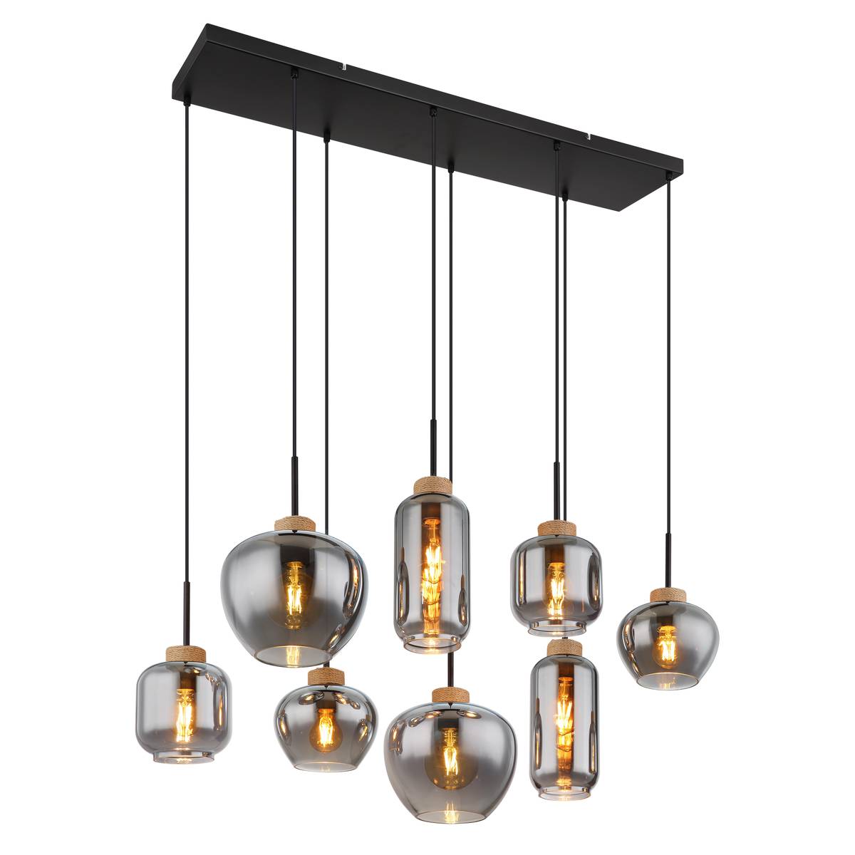 Pendelleuchte, Schwarz, Rauchfarbig, Natur, Glas, Metall, 8 Brennstellen, LED geeignet, E27, Versandkostenfrei