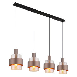 Pendelleuchte, Schwarz, Bronze, Amber, Klar, Metall, Glas, 4 Brennstellen, LED geeignet, E27, Rechteckig, Rund, IP20, Lieferkostenfrei