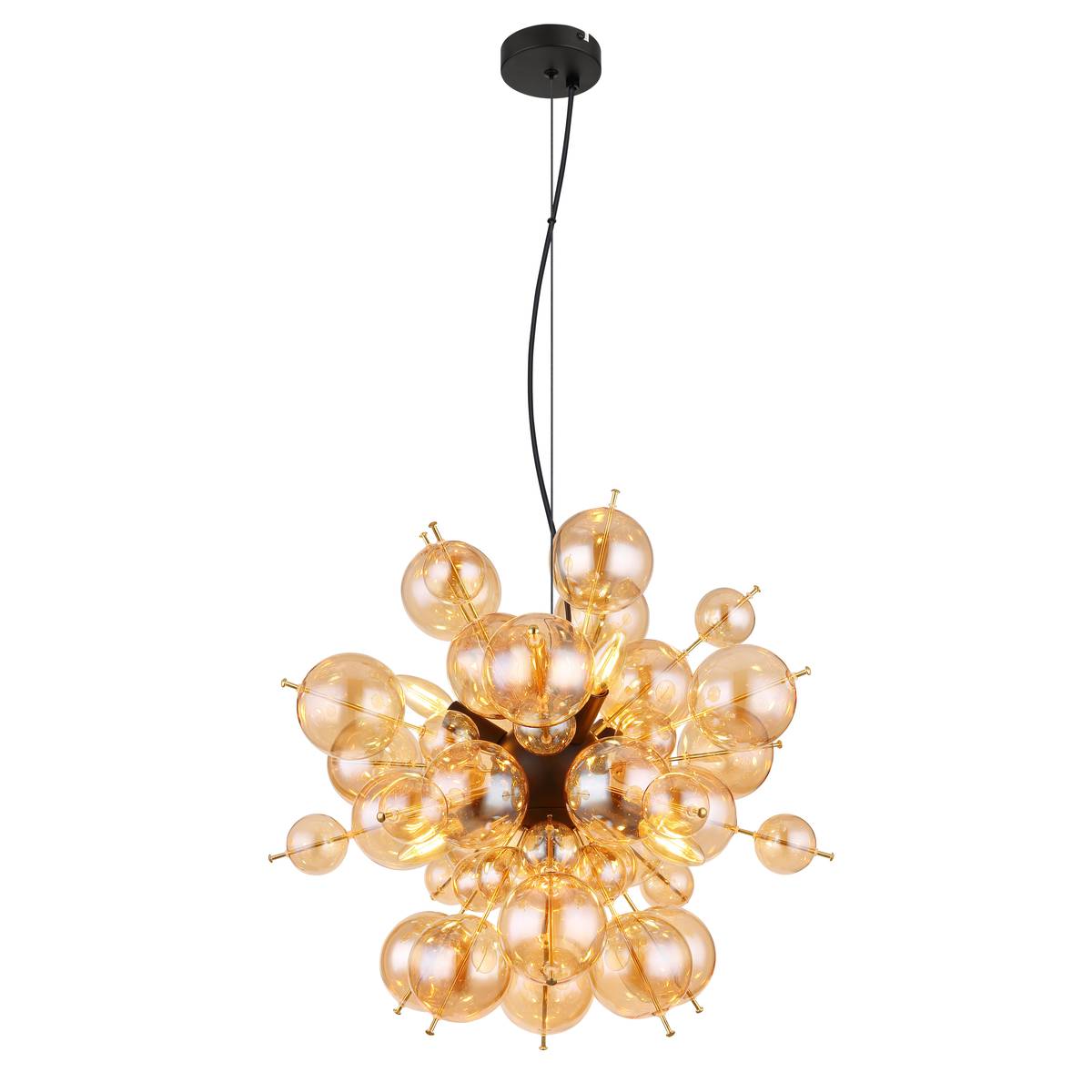 Pendelleuchten, Glas, Metall, Amber, Gold, Schwarz, Kugelform, 55 cm Ø