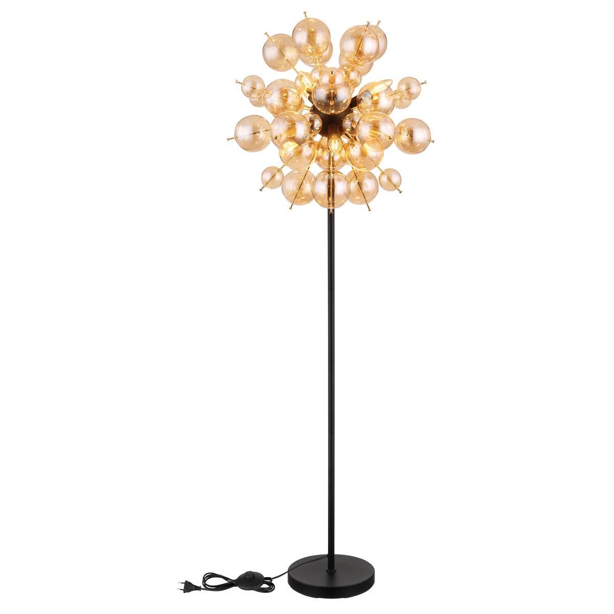 Stehleuchte, Schwarz, Gold, Amber, 6 Brennstellen, Rund, 55 cm, Metall, Glas, E14, LED geeignet, 155 cm Höhe, IP20, Lieferkostenfrei