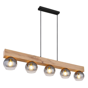 Pendelleuchte, Schwarz, Holzoptik, Glas, MDF, Rauchfarbe, Braun, Metall, E27, 5 Brennstellen, IP20, LED geeignet, Versandkostenfrei