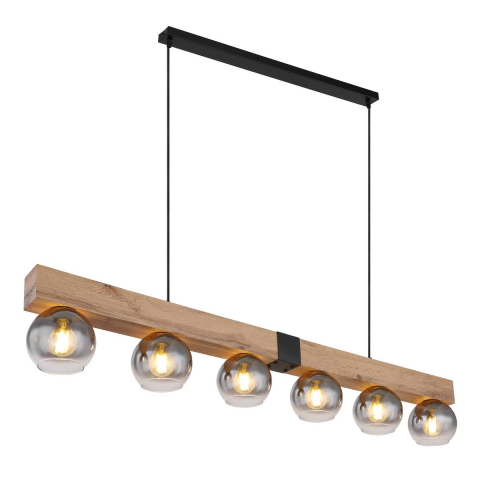 Pendelleuchte, Holzoptik, Metall, Glas, Schwarz, Rauchfarbe, 6 Strahler, 140 cm x 15 cm
