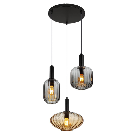 Pendelleuchte, Schwarz, Rauchfarbe, Amber, Bauchig, Glas, Metall, 3 Brennstellen, LED geeignet, E27, IP20, Kostenfreier Versand