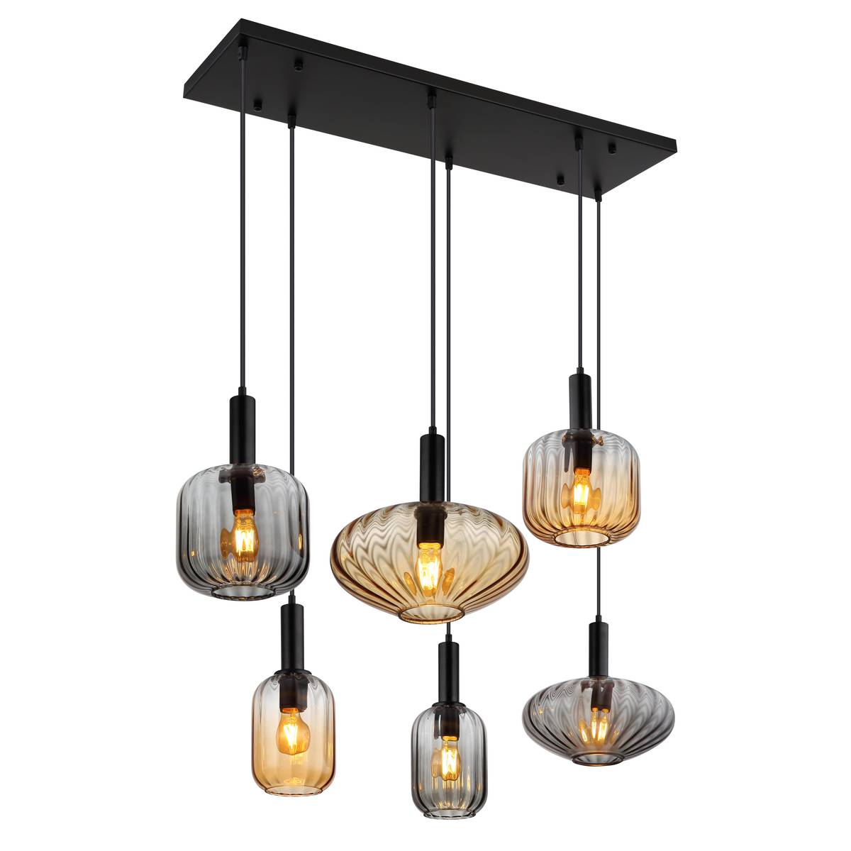 Pendelleuchte, Metall, Glas, Schwarz, 6 Brennstellen, 100 cm x 47 cm