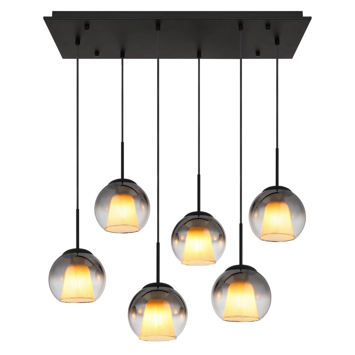 Pendelleuchte, Metall, Glas, Schwarz, 6 Lichtquellen, 90 cm x 38 cm