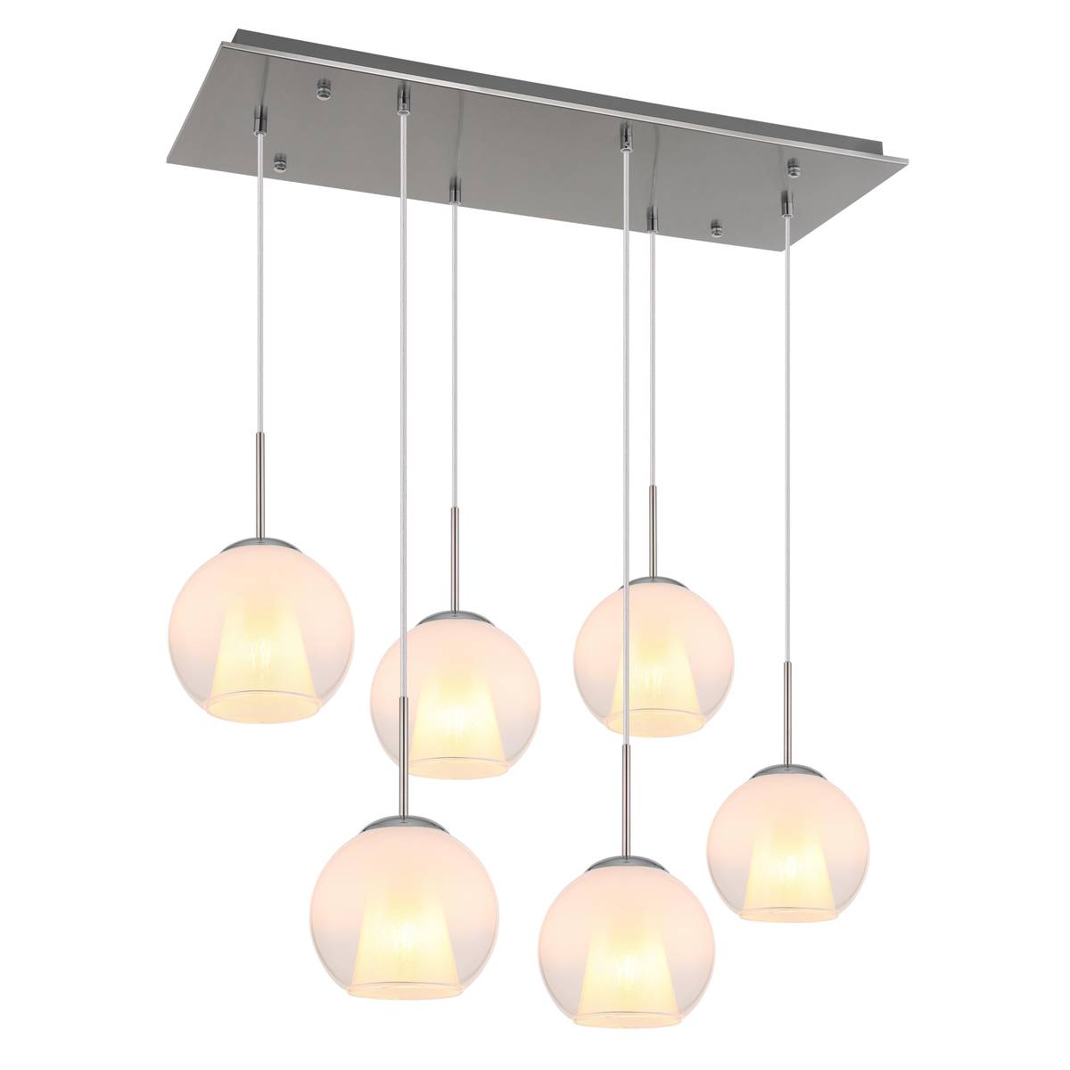 Suspension, métal, verre, opale, nickel, 6 ampoules, 90 cm x 38 cm