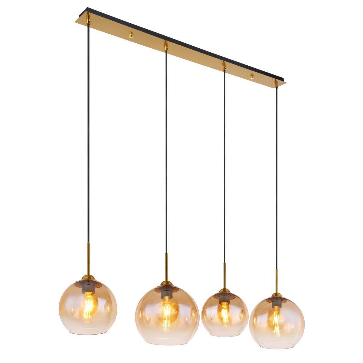 Pendelleuchte, Messing, Schwarz, Amber, 4 Brennstellen, Metall, Glas, E27, LED geeignet, IP20, 120 cm Höhe. Versandkostenfrei