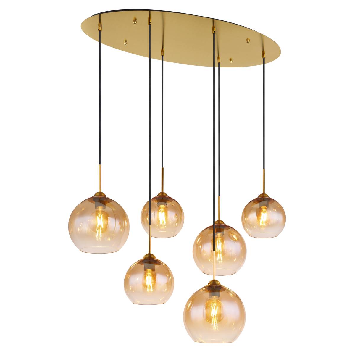 Pendelleuchte, Metall, Glas, Amber, Messing, 6 Strahler, 98 cm x 48 cm