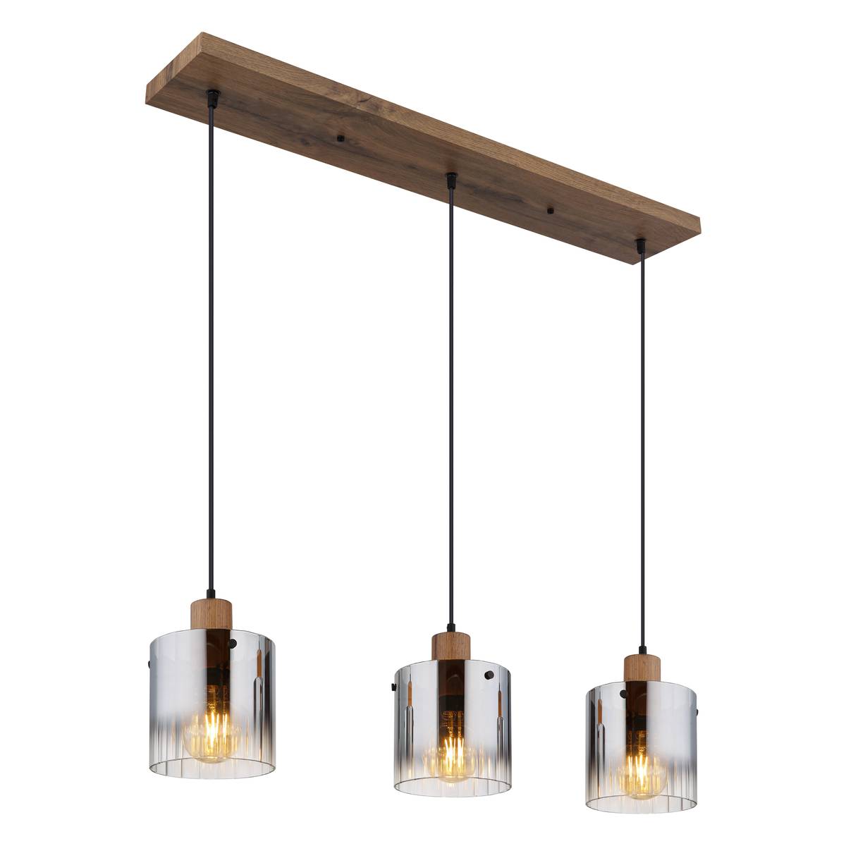 Pendelleuchte, MDF, Glas, Holzoptik, Rauchfarbe, 3 Lichtquellen, 100 cm x 18 cm