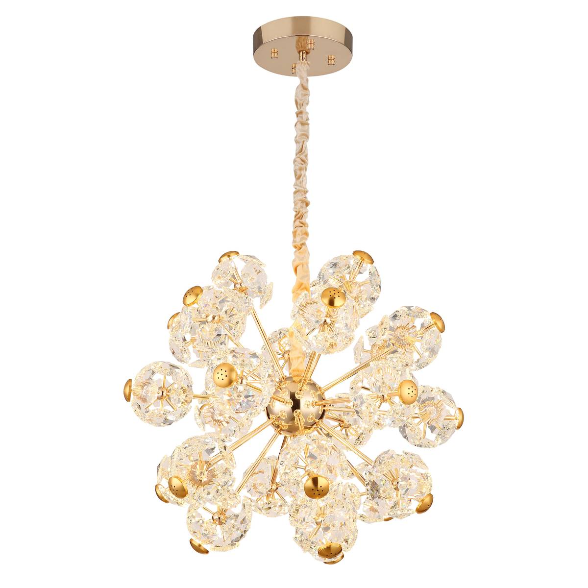 Pendelleuchte, Gold, Kugelform, Metall, Glaskristalle, 65 cm Ø, 135 cm hoch, 3000 K, 6800 lm, LED Technik, Elegantes Design