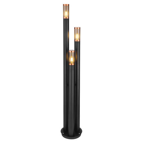 Aussen Stehleuchte, Schwarz, Rauchfarbe, Zylindrisch, Kunststoff, Kupfer, Edelstahl, 3 Brennstellen, E27, IP44, LED geeignet, Frei Haus.