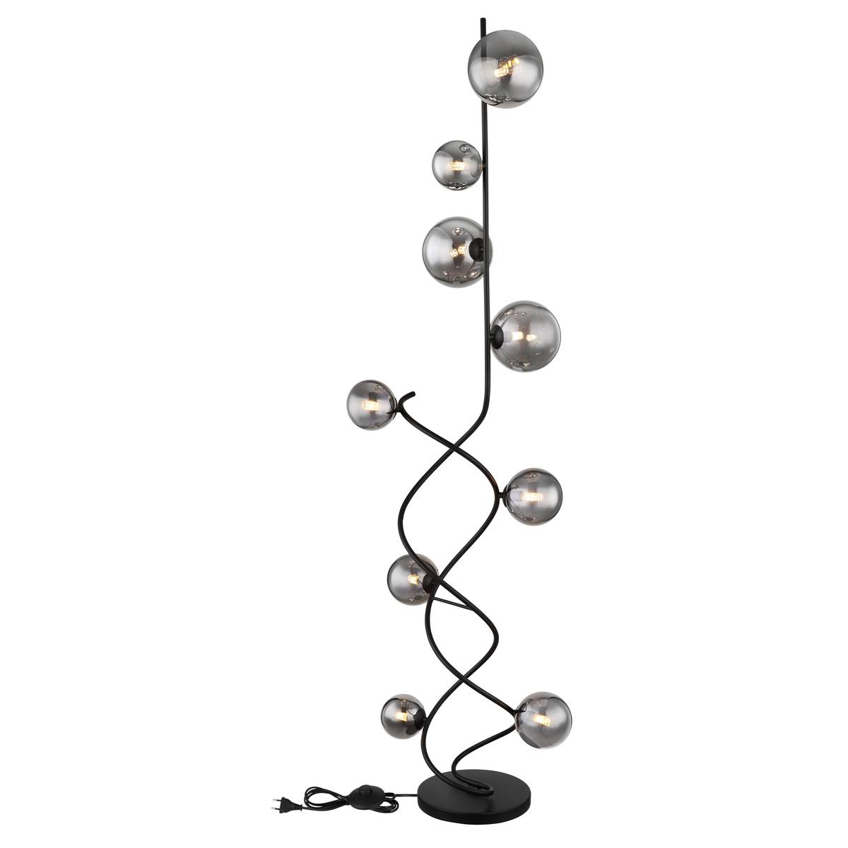 LED Stehleuchte, Metall, Glas, Schwarz, Rauchfarbe, 162 cm Höhe