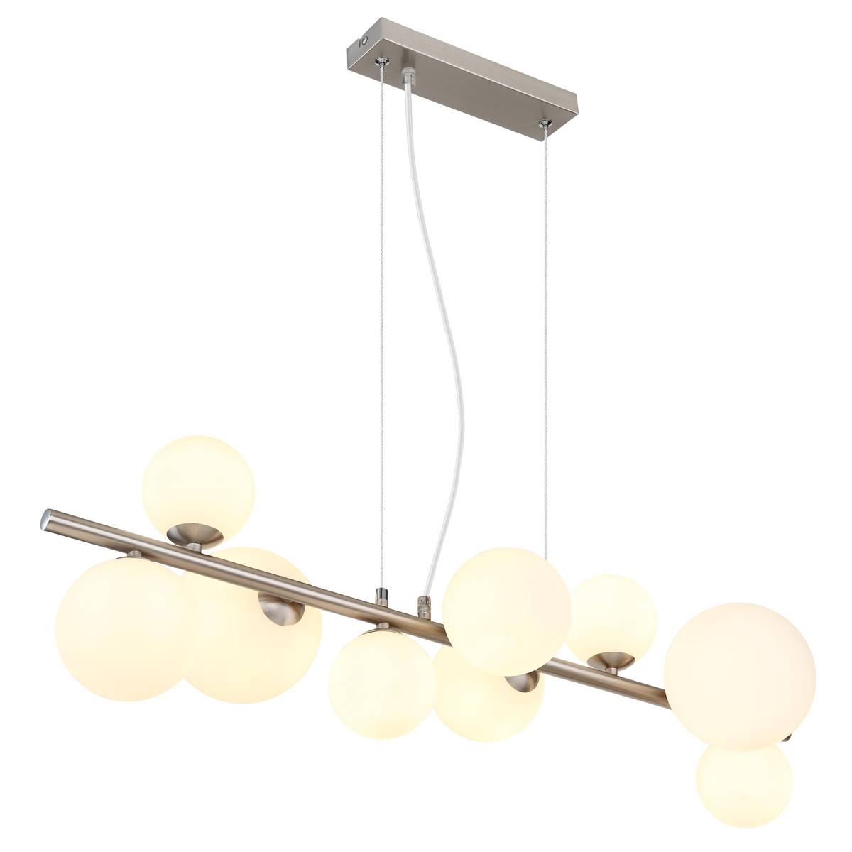 Pendelleuchte, Nickel, Metall, Glas, Opal, Kugelform, 9 Strahler, 87 cm x 35 cm