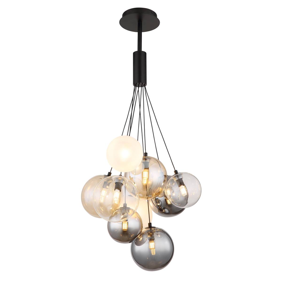 Pendelleuchte, 9 Brennstellen, Glas, Kugelform, Schwarz, Metall, LED geeignet, G9, IP20, Versandkostenfrei