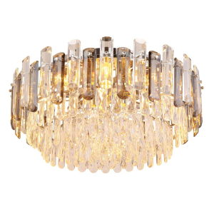 Deckenleuchte, Chrom, Rauchfarbig, Klar, Metall, Glas, Acrylkristalle, 11 Brennstellen, LED geeignet, E14, IP20, Lieferung frei Haus.