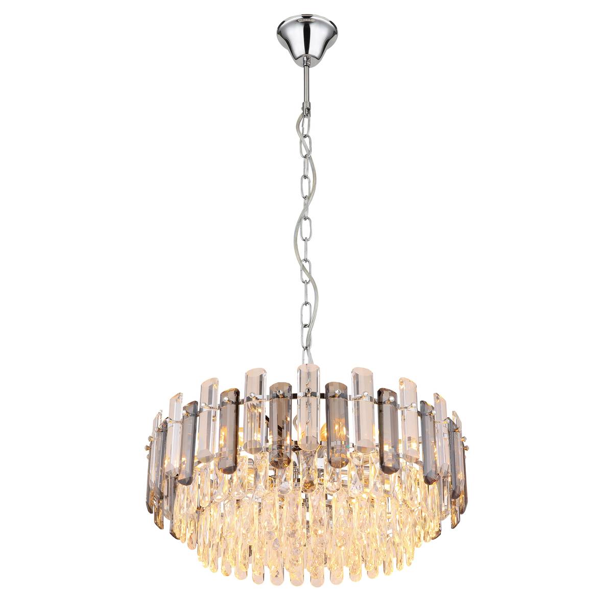 Pendelleuchte, Kronleuchter, Luster, Chrom, Rauchfarbig, Klar, Metall, Glas, Acryl, 12 Lichtquellen, E14, LED geeignet, Esszimmer, Frei Haus.