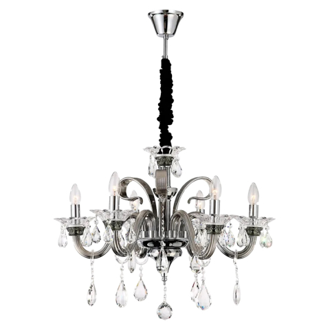 Kronleuchter, Pendelleuchte, Luster, Chrom, Kristalle, 6 Flammen, 70 cm Ø