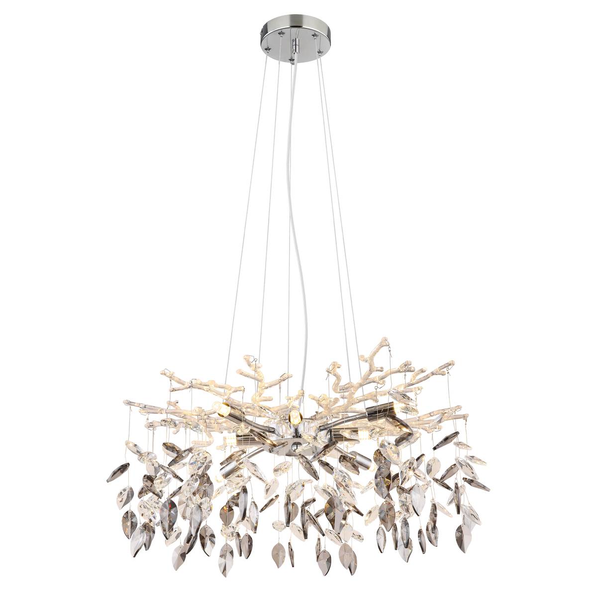 Pendelleuchte, Luster, Kronleuchter, Metall, Glaskristalle, Chrom, Rauchfarbe, 61 cm Ø